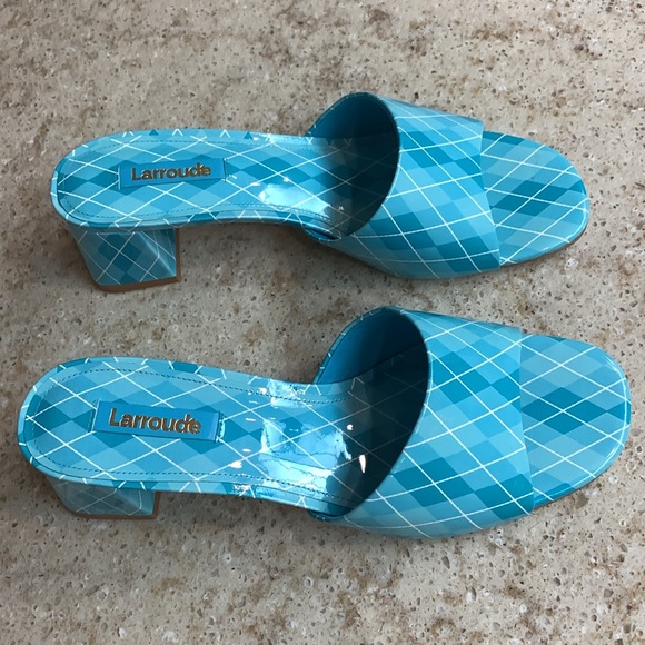 NWOT Larroude Aqua Argyle Brigitte Mules Patent Leather Slide Heels Size 8 - Picture 6 of 10